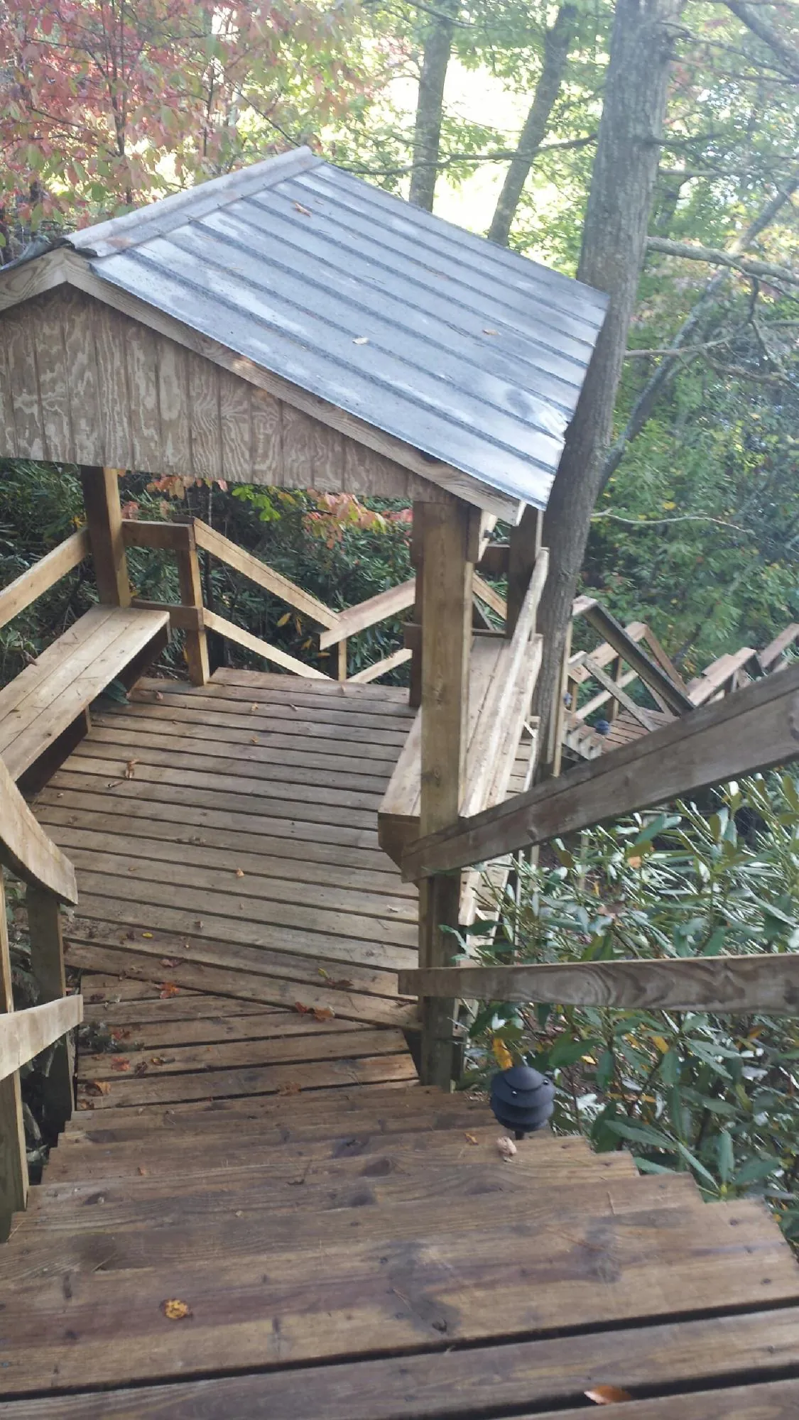 Metal roofed shelter over wooden steps on a wooded walkway — Skylight Repair & Installation work by our crew in Dateland